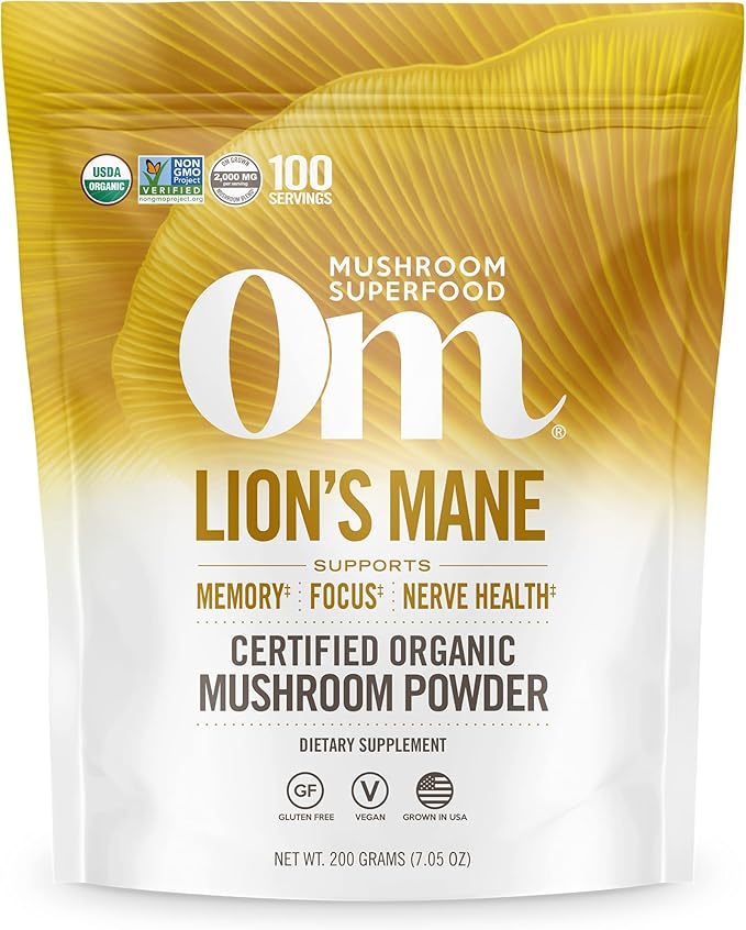OM MUSHROOM SUPERFOOD Lion's Mane Organic Mushroom Powder, Improves Memory, Focus, Clarity, Nerve