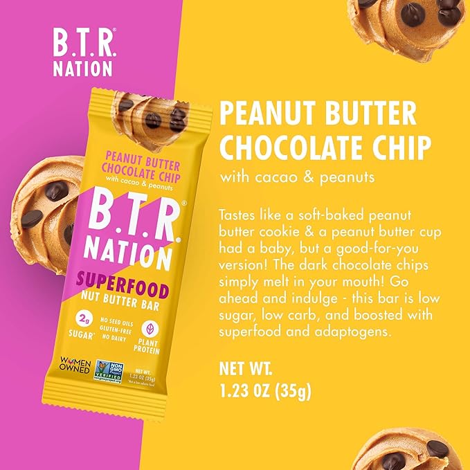 B.T.R. Nation Vegan Keto Superfood Protein Bars - Peanut Butter Chocolate Chip BLISS | (12) Bars |