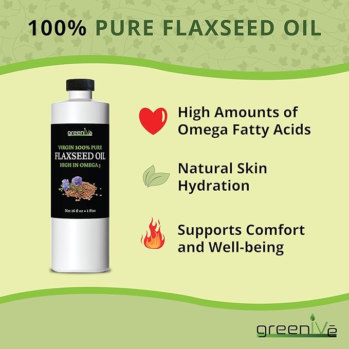 GreenIVe Flax Seed Oil Organically Grown100% Pure Cold Pressed High Vegan Omega Fatty Acids (16 Fl