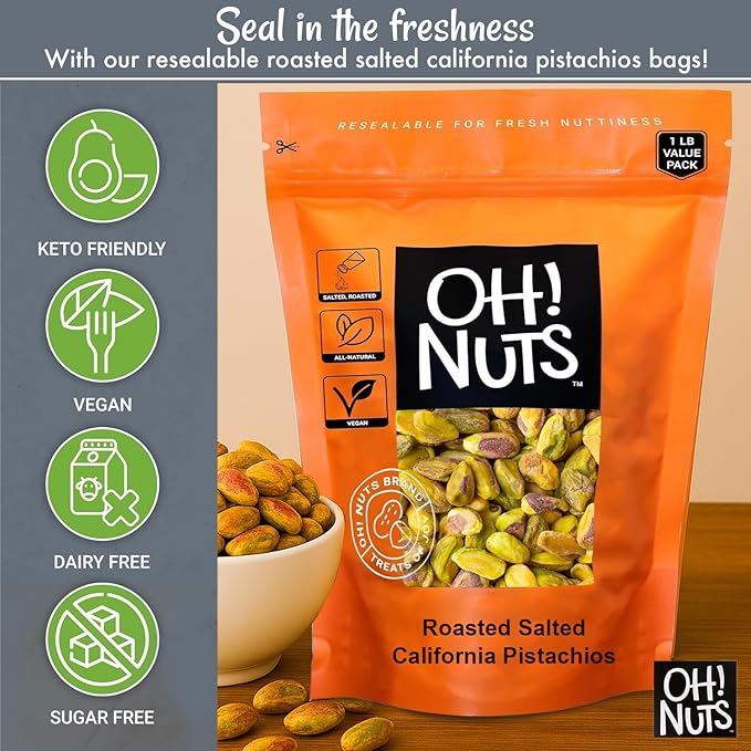 Oh! Nuts Pistachios No Shell - Roasted Salted - 1 lb - Shelled California Pistachios - Packed in