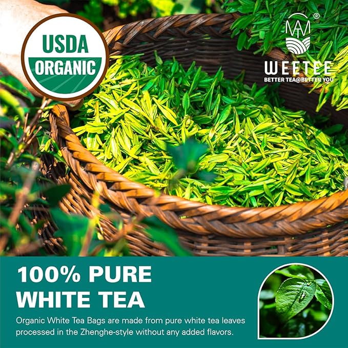 WT WEETEE Organic White Tea Bags, Organic Pure White Tea 100 Count, Mellow & Smooth, Perfect for
