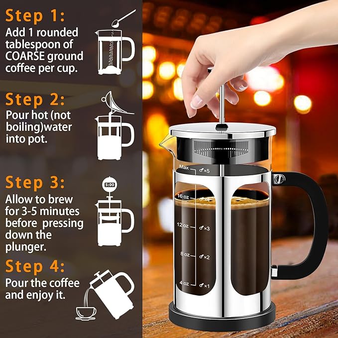 French Press Coffee Maker (21oz 600ML 3-4Cup) Coffee Press, with 4 Filters System, Heat Resistant
