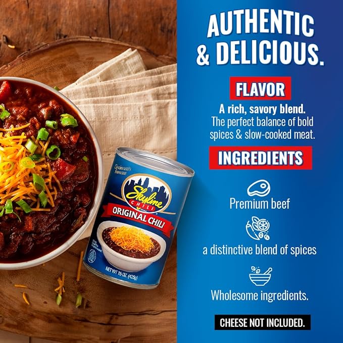 Skyline Chili Bundle - 8-Pack of 15oz Cans Original Chili, (1) 6oz Skyline Hot Sauce Bottle