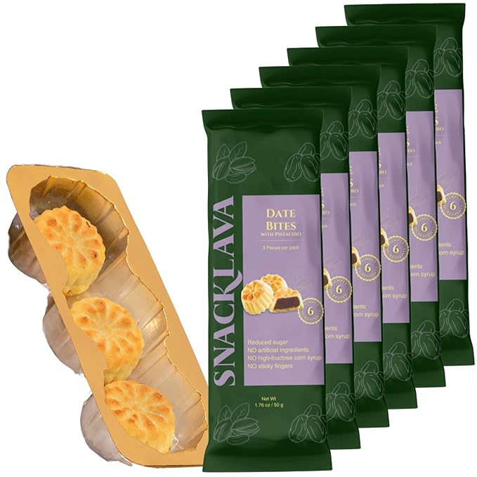 Snacklava Pistachio Date Bites - 6 Pack (3 Pieces per Pack) - Pistachio and Date Filled Maamoul