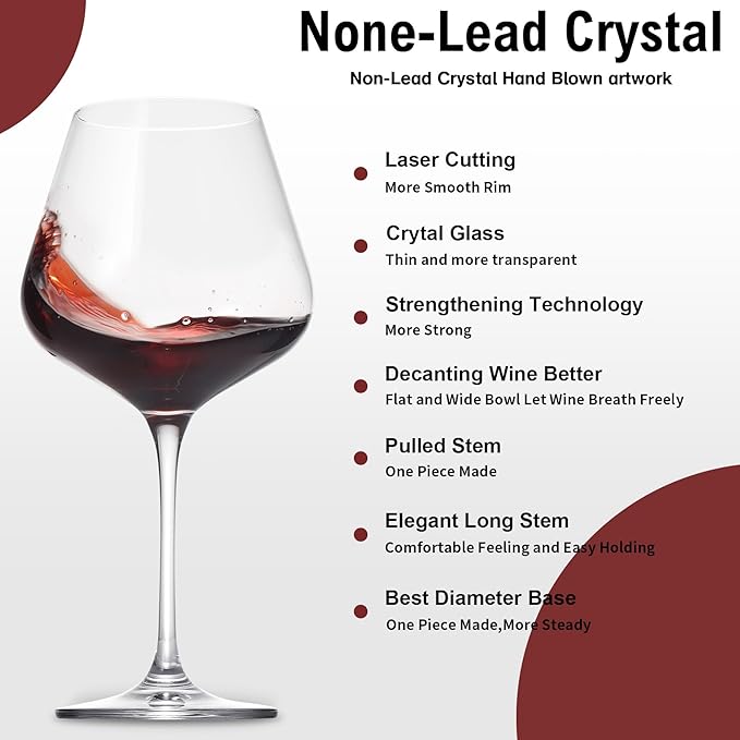 Red Wine Glasses Set of 4, Hand Blown Italian Style Crystal Burgundy Wine Glasses, Lead-Free