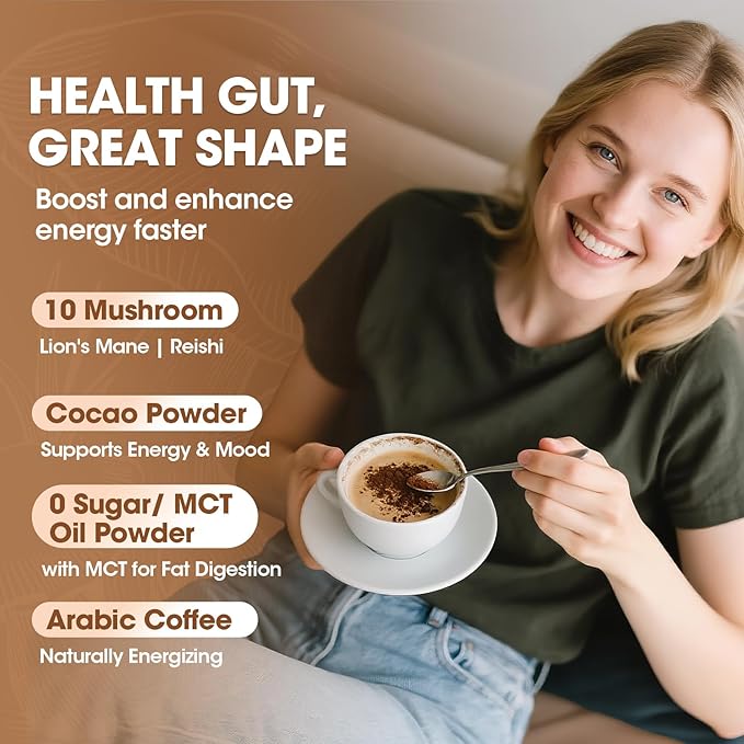 Mushroom Coffee Powder with MCT Oil - 10 Mushrooms Lion's Mane, Turkey Tail, Reishi, Cordyceps &
