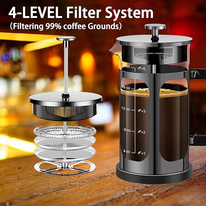 French Press Coffee Maker (21oz 600ML 3-4Cup) Coffee Press, with 4 Filters System, Heat Resistant