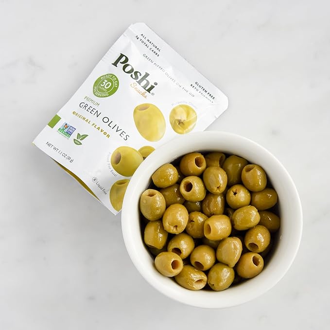 Poshi Green Olives On-The-Go - Original Flavor - Single Serve Pitted Olives - Convenient and