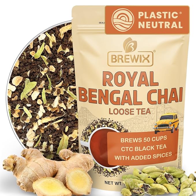 BREWIX, Royal Bengal Masala Chai Tea with Ginger and Cardamom | Loose Leaf CTC TEA (50+ Cups