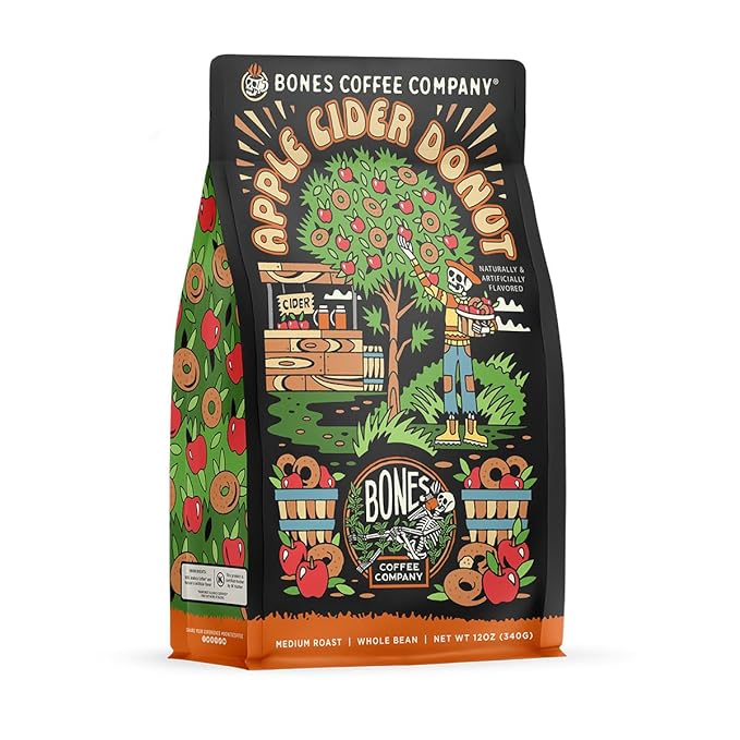Bones Coffee Company Apple Cider Donut Flavored Coffee, Medium Roast Low Acid Arabica Beans