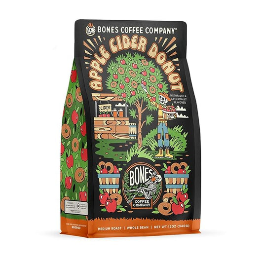 Bones Coffee Company Apple Cider Donut Flavored Coffee, Medium Roast Low Acid Arabica Beans