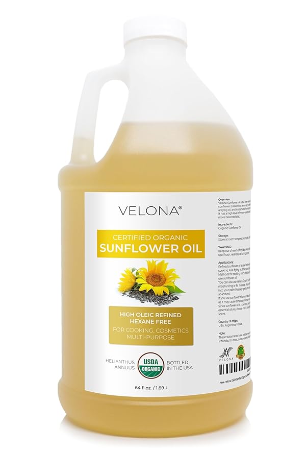 velona USDA Certified Organic Sunflower Oil - 64 Fl Oz | 100% Pure and Natural Carrier Oil | High