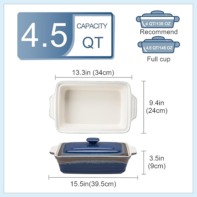 LOVECASA 4.5 Quart Ceramic Casserole Dish with Lid, 9x13 Baking Dish for Oven, Lasagna Pan Deep