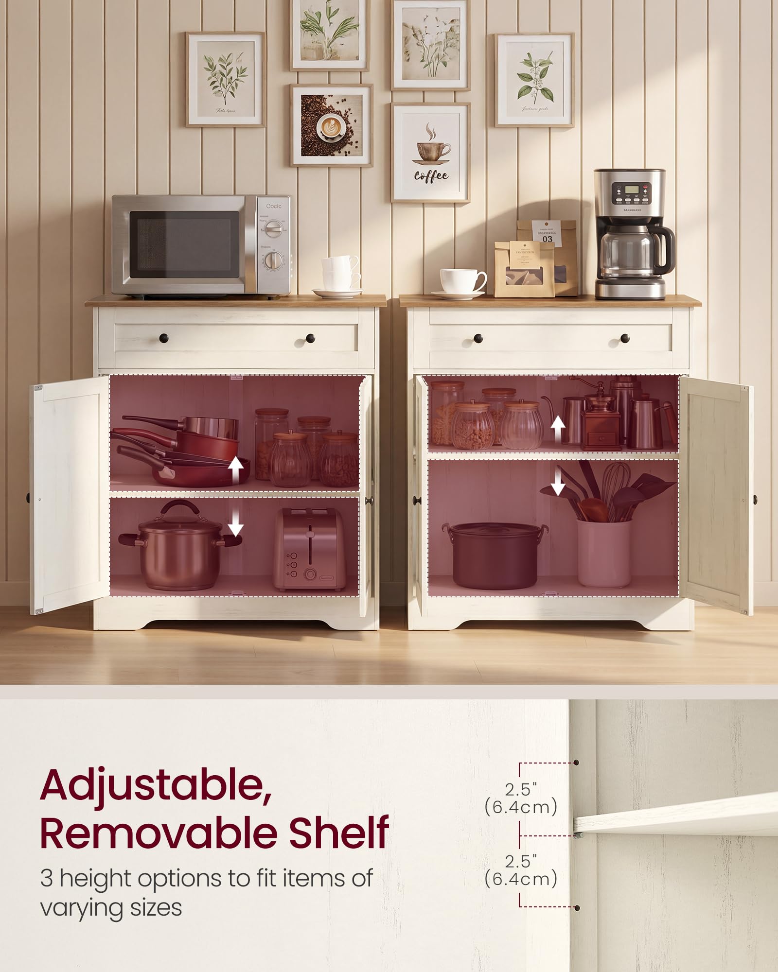 VASAGLE Siren Collection - Buffet Cabinet, Farmhouse Coffee Bar Cabinet with Drawer,Adjustable