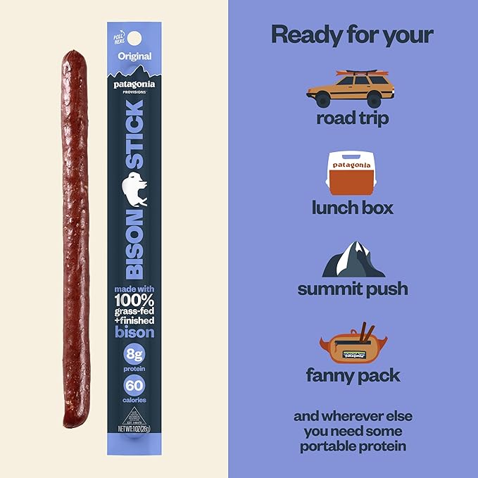 Patagonia Provisions Bison Sticks - Original | 100% Grass-Fed, 8g of Protein, 60 Calories | No