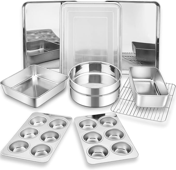 Bakeware Sets of 11, P&P CHEF Stainless Steel Baking Pans Set, Includes Baking Sheets and Rack