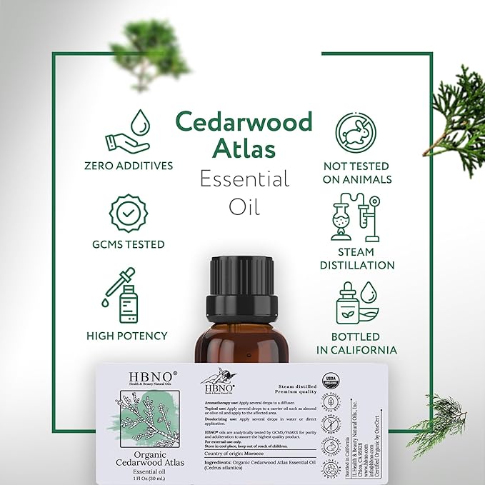 HBNO California Bottled Organic Cedarwood Essential Oil 1 fl oz (30ml) - USDA Certified Organic
