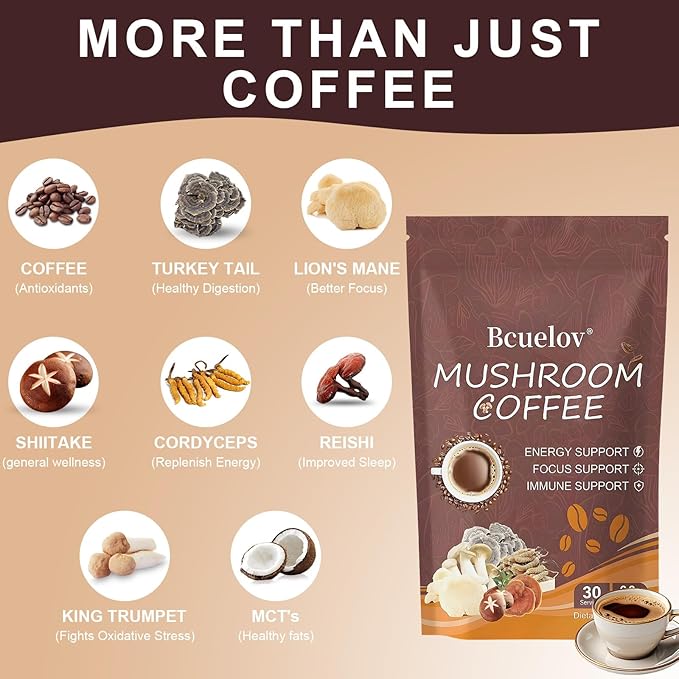 2 Bag Mushroom Coffee, Instant Coffee with 6 Adaptogenic Mushrooms (Lion?™s Mane, Cordyceps