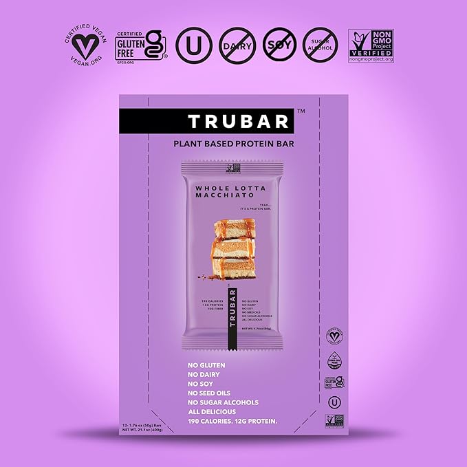 TRUBAR Vegan Protein Bar, Whole Lotta Macchiato, Gluten Free, Plant Based Protein, Dairy Free, Non