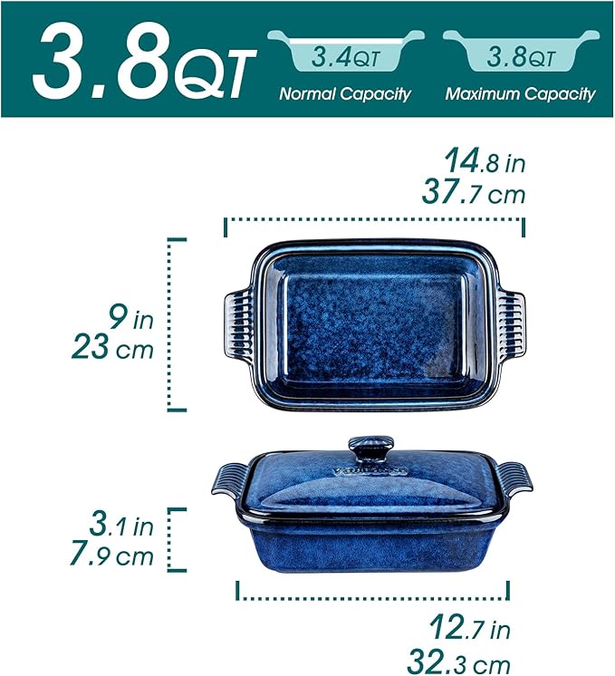vancasso Starry 3.8 Quart Casserole Baking Dish, large lasagna pan with lid, 9x13 inch Stoneware