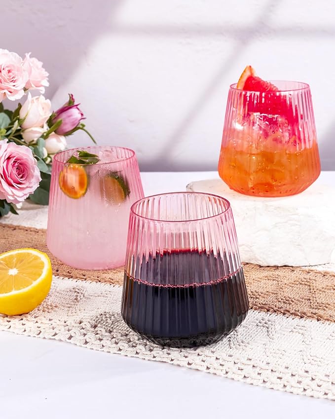 30 Pack Pink Plastic Ribbed Wine Glasses, 14 OZ Origami Stemless Disposable Wine Champagne Whiskey