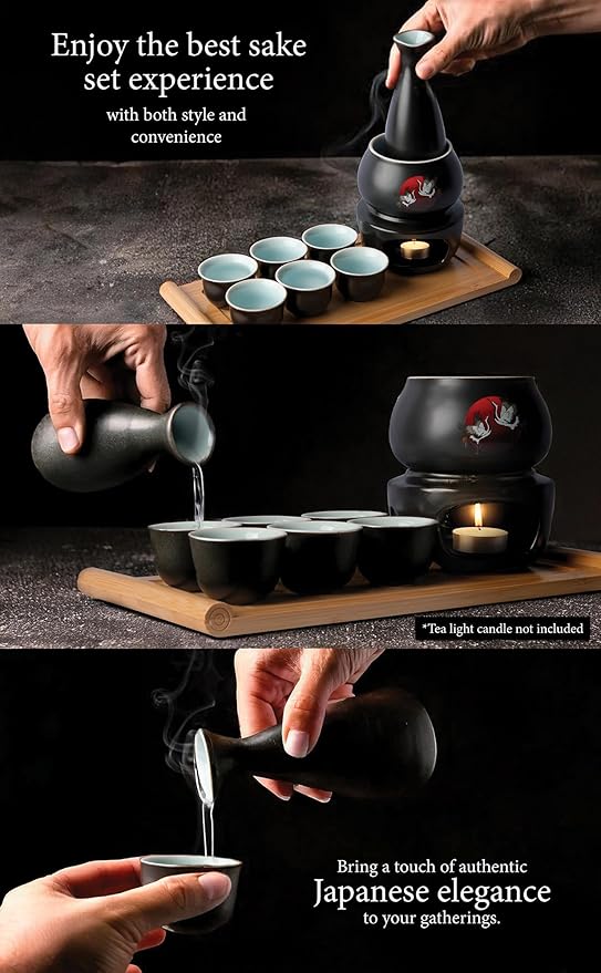 Japanese Sake Cup Set with 6 Ceramic Cups, 1 Ceramic Sake Bottle, 1 Ceramic Sake Warmer, Bamboo