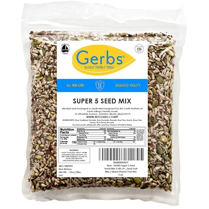 GERBS Super 5 Seed Snack Mix 2 LBS. Premium Grade | Top 14 Food Allergy Free | Resealable Bulk Bag