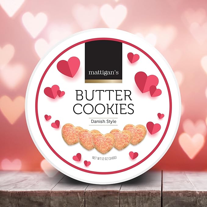 Mattigan's Pink Heart Butter Cookies Danish Style Cookie, 12 Oz Tin 2-Pack, Gourmet Gifts for