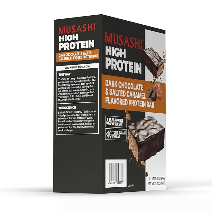 MUSASHI High Protein Bar, 45g Protein, <1g Total Sugars, Dark Chocolate & Salted Caramel, Post