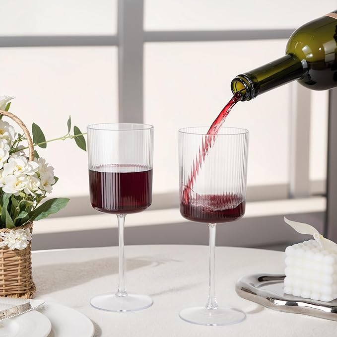 Ciaell 12 PCS Plastic Ribbed Wine Glasses - 10 OZ Plastic Square Wine Glasses with Stem