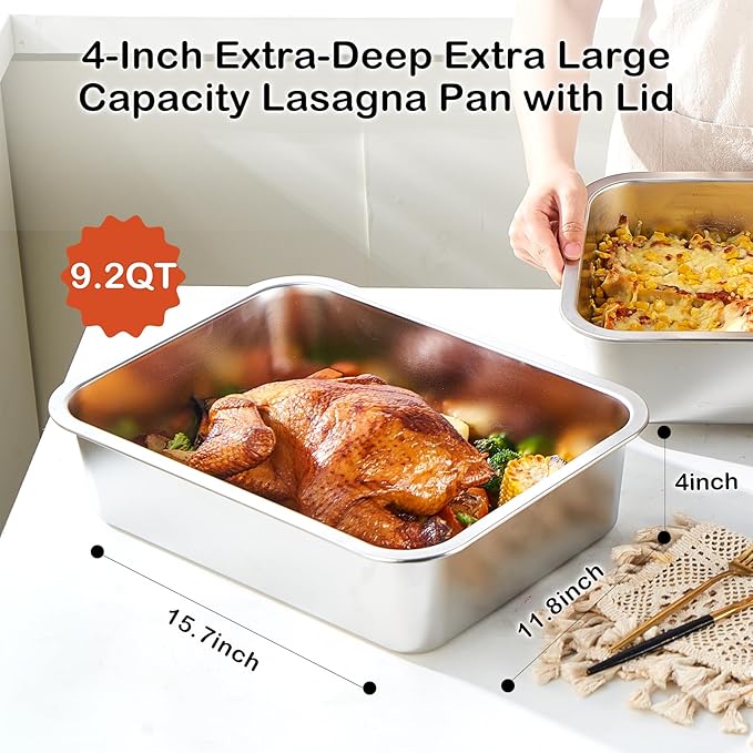 4-Piece 4 Inch Extra Deep Lasagna Pan with Lid, 11.8x15.7-Inch 9.2QT Large Stainless Steel Nonstick