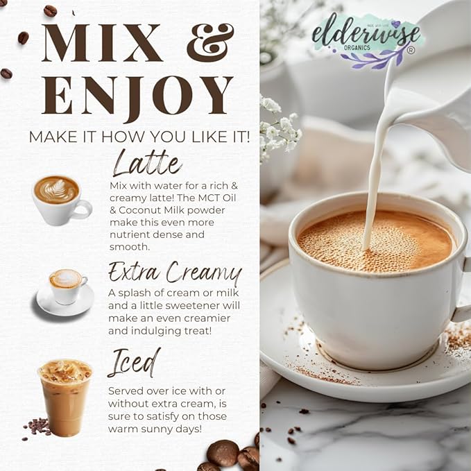 Elderwise Organics Coffee - Latte - Lion's Mane, Chaga, Reishi, Cordyceps, MCT Oil, Coconut Cream &