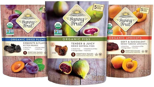 Sunny Fruit Organic Dried Fruit Assortment - Prunes, Figs & Apricots Variety, 3 Bags (15 Individual