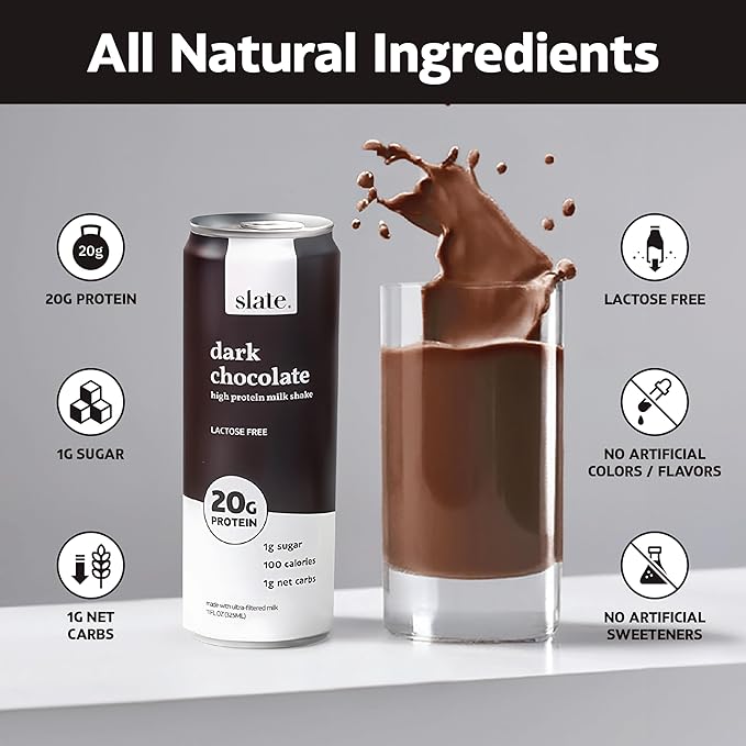 Slate Milk - High Protein Milk Shake - Dark Chocolate - Lactose Free, 20g Protein, 1g Sugar, 100