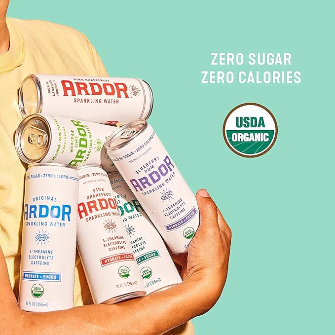 ARDOR ENERGY Sparkling Water with 100mg Natural Caffeine & 200mg L-Theanine from Organic Green Tea