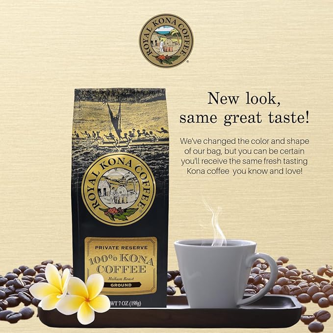 ROYAL KONA COFFEE Ground - 100% Hawaiian Kona Coffee, Private Reserve, Medium Roast, (Pack of 2)