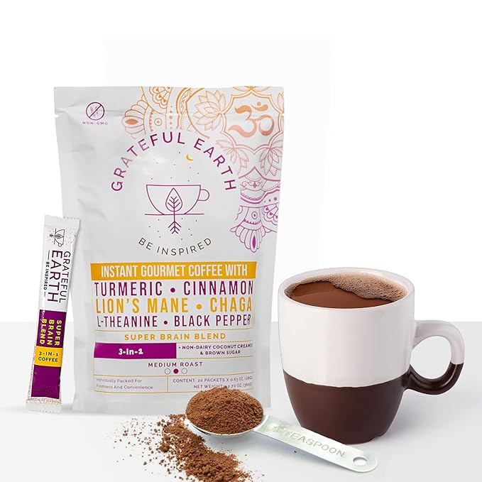 Grateful Earth Mushroom Coffee, Coconut Instant Coffee with Lion’s Mane Mushrooms, Chaga, Turmeric