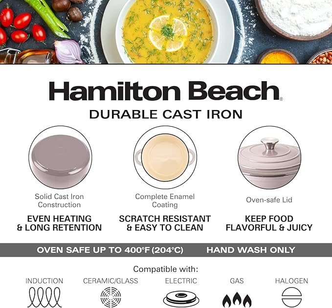 Hamilton Beach 5.5-Quart Enameled Cast Iron Dutch Oven with Lid | Heavy-Duty Pot for Braising