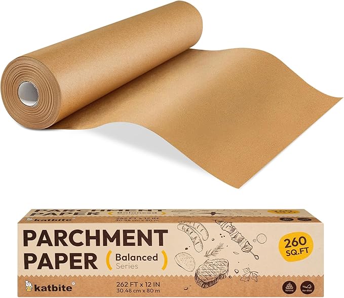 Katbite 12in x 262ft Unbleached Parchment Paper Roll, 260 Sq.Ft, Balanced Series, Non-Stick, Extra