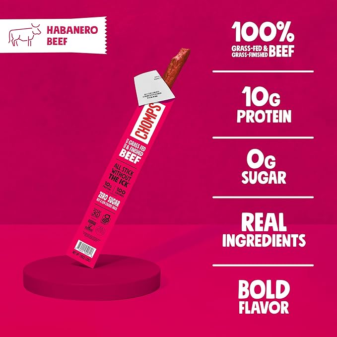 Chomps Grass-Fed and Finished Spicy Habanero Beef Jerky Snack Sticks 24-Pack - Keto, Paleo