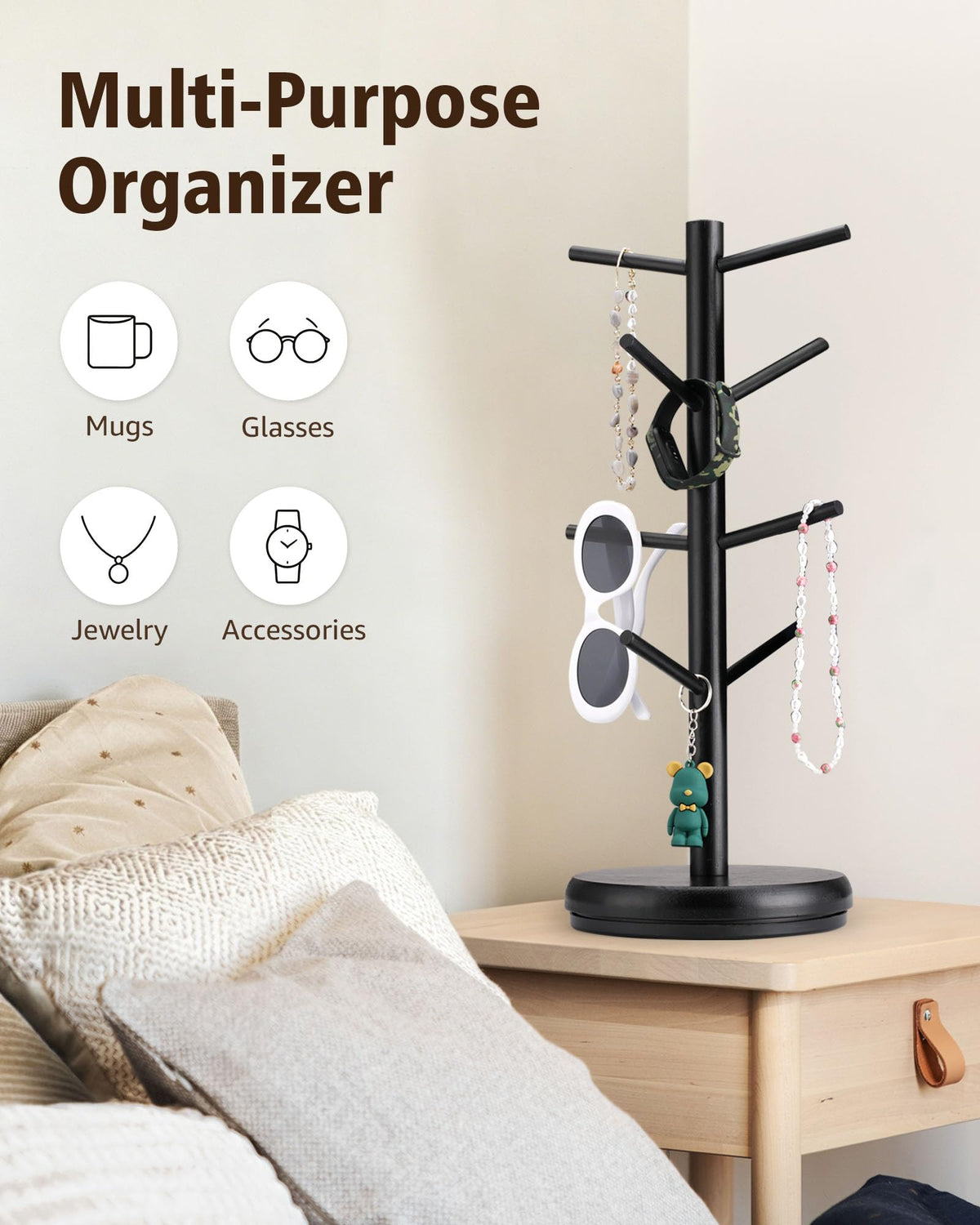 Lorbro Coffee Mug Tree, 360° Rotating Wooden Mug Holder with 8 Hooks