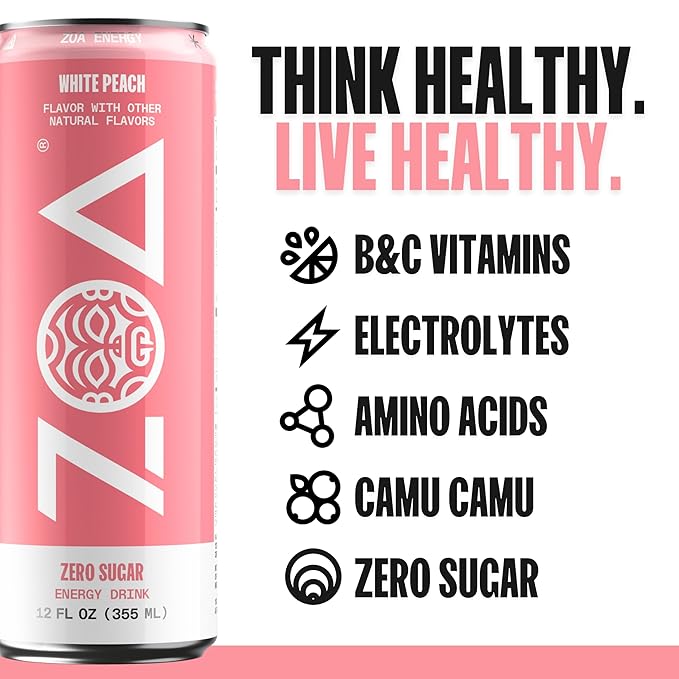 ZOA Zero Sugar Energy Drinks, White Peach - Sugar Free with Electrolytes, Healthy Vitamin C, Amino