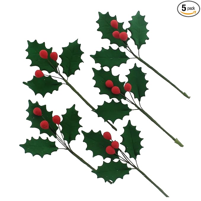 Global Sugar Art Christmas Cake Holly, 3-Leaf Sugar Cake Flower Spray, 5 Count by Chef Alan