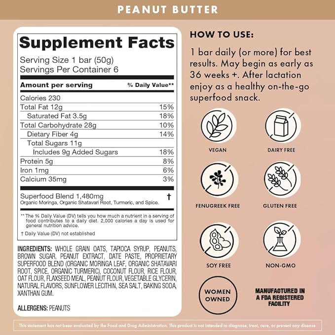 Boobie Bar Superfood Peanut Butter Lactation Bar for Breastfeeding Moms to Increase Milk Supply |