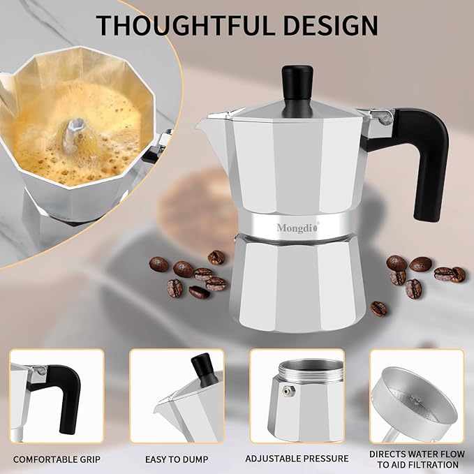 Mongdio Stovetop Espresso Maker Moka Pot, Stove Top Cuban Coffee Maker, Italian Greca Mocha Pot, 3