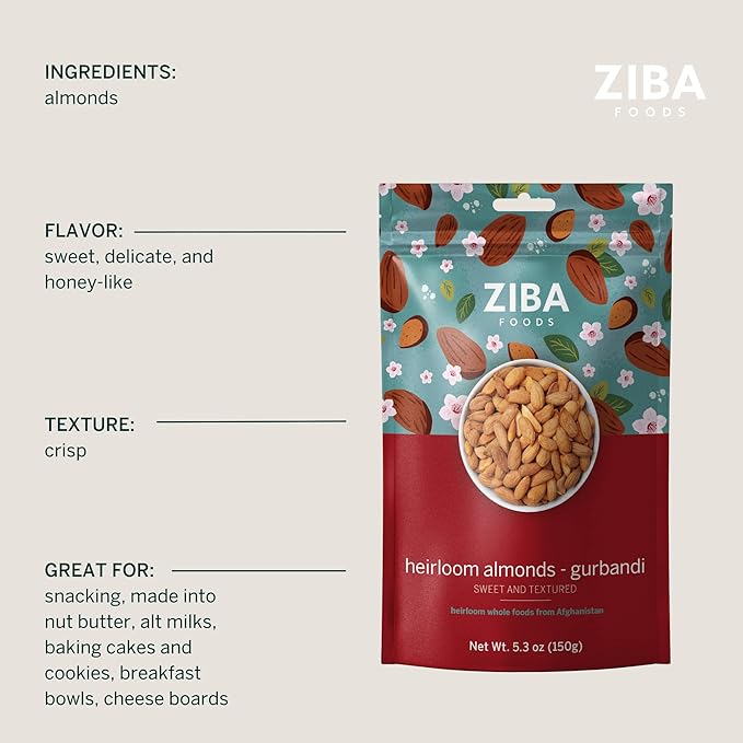 Ziba Foods Heirloom Gurbandi Raw Almonds | Non-GMO, Vegan, Whole 30 Friendly, Keto & Paleo |