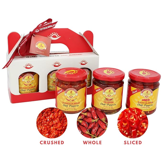 TUTTOCALABRIA Gift Set, Variety 3 Pack, Crushed, Sliced, Calabrian Chili Pepper Gift Set (3 Pack X