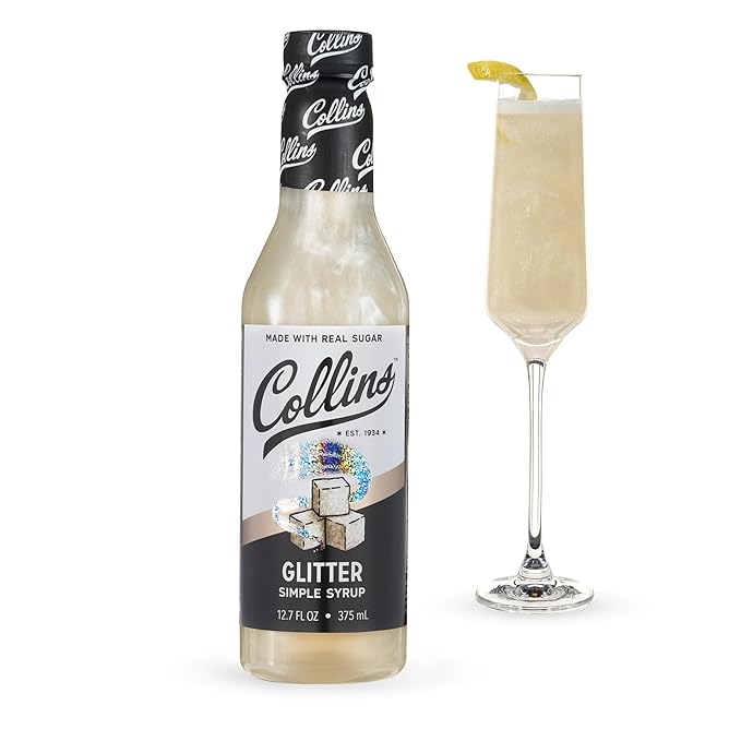 Collins Glitter Simple Syrup, Sparkle Cocktail Mixer with Edible Shimmer, Made with Real Sugar, No