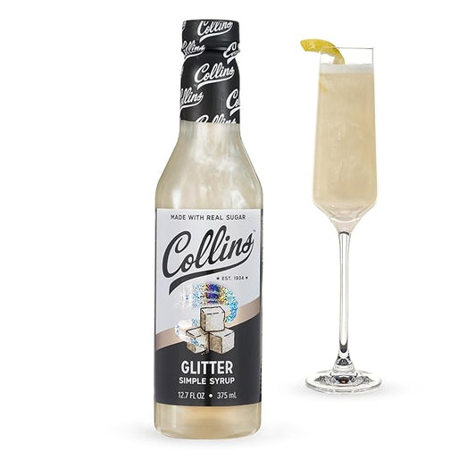 Collins Glitter Simple Syrup, Sparkle Cocktail Mixer with Edible Shimmer, Made with Real Sugar, No