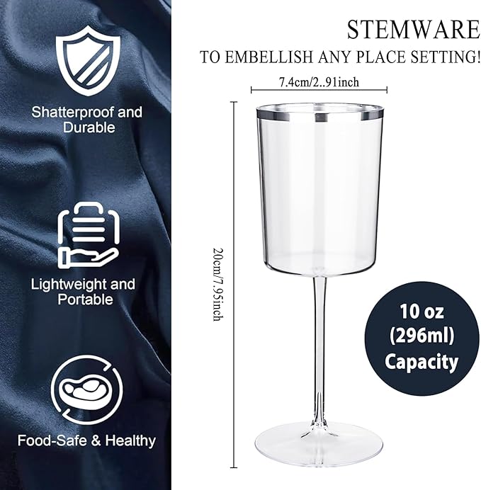 Ciaell 12 Pack Plastic Wine Glasses - 10 Oz Plastic Wine Glasses with Stem - Square Silver